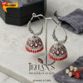 Traditional Silver Jhumka Earrings – Red & Black Bead Options