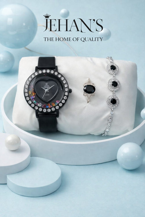 Jehan's Elegant Black Watch & Jewelry Gift Set for Women