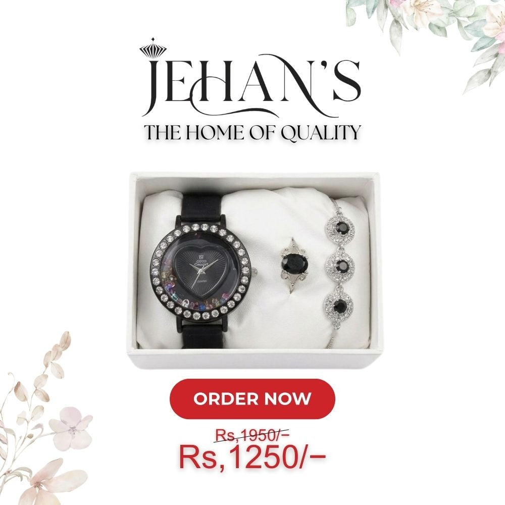 Jehan's Elegant Black Watch & Jewelry Gift Set for Women